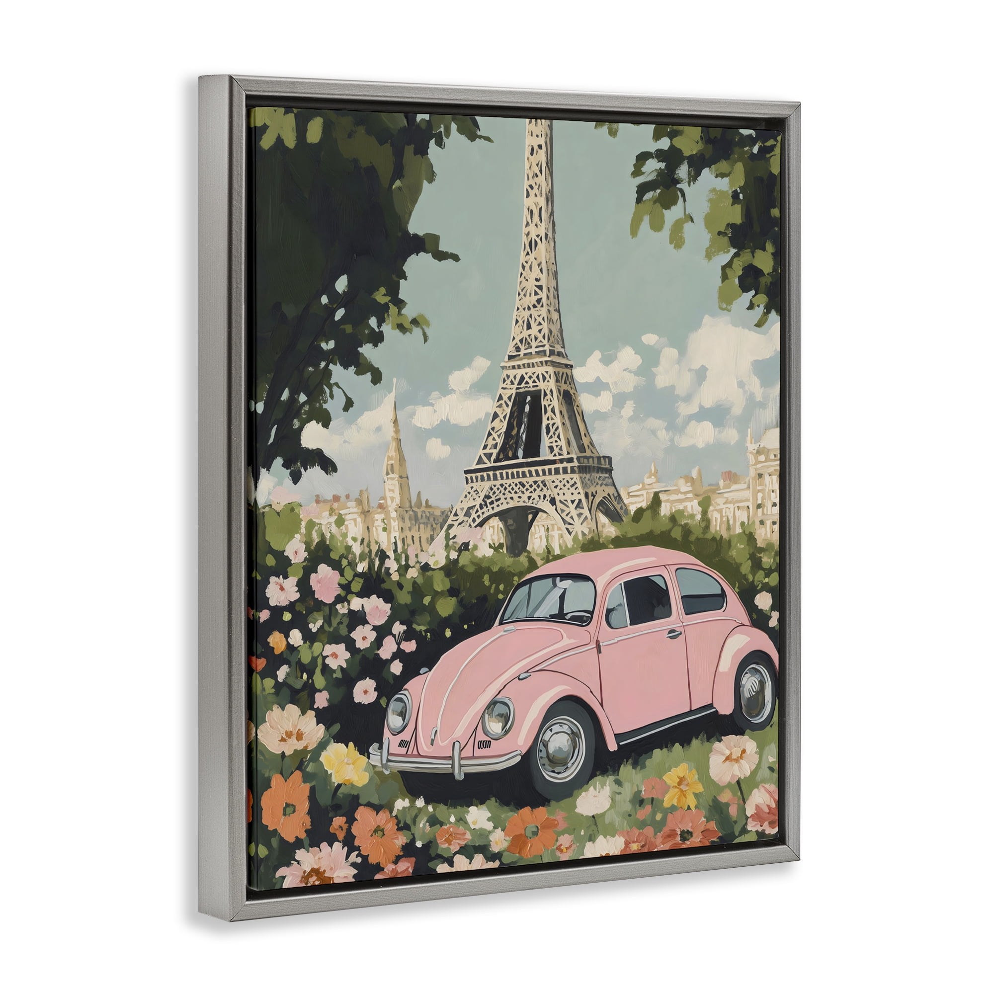 Stupell Industries Paris Pink Car in Bloom Gray Framed Floater Canvas Wall Art, design by The Prints Vibe