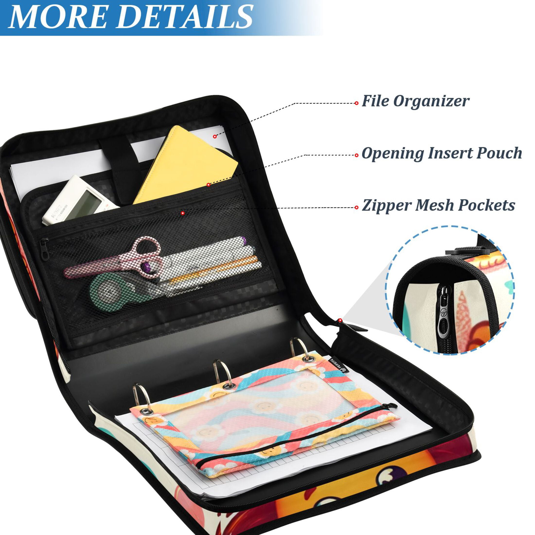 3 Ring Zipper Binder with Shoulder Strap Waterproof Trapper Keeper 2 Inch D-Ring 500 Sheets Capacity Cute Lion Sun Cloud