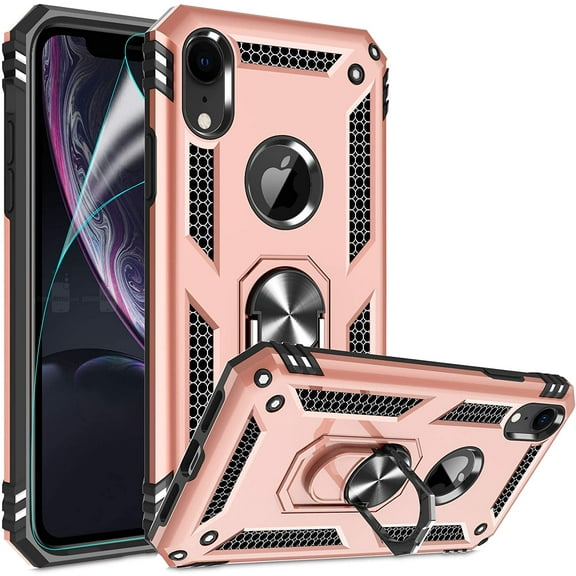 Compatible for iPhone XR Case 6.1-inch with HD Screen Protector, Military-Grade Shockproof Protective Phone Case with Magnetic Kickstand Ring for iPhone XR Rose Gold