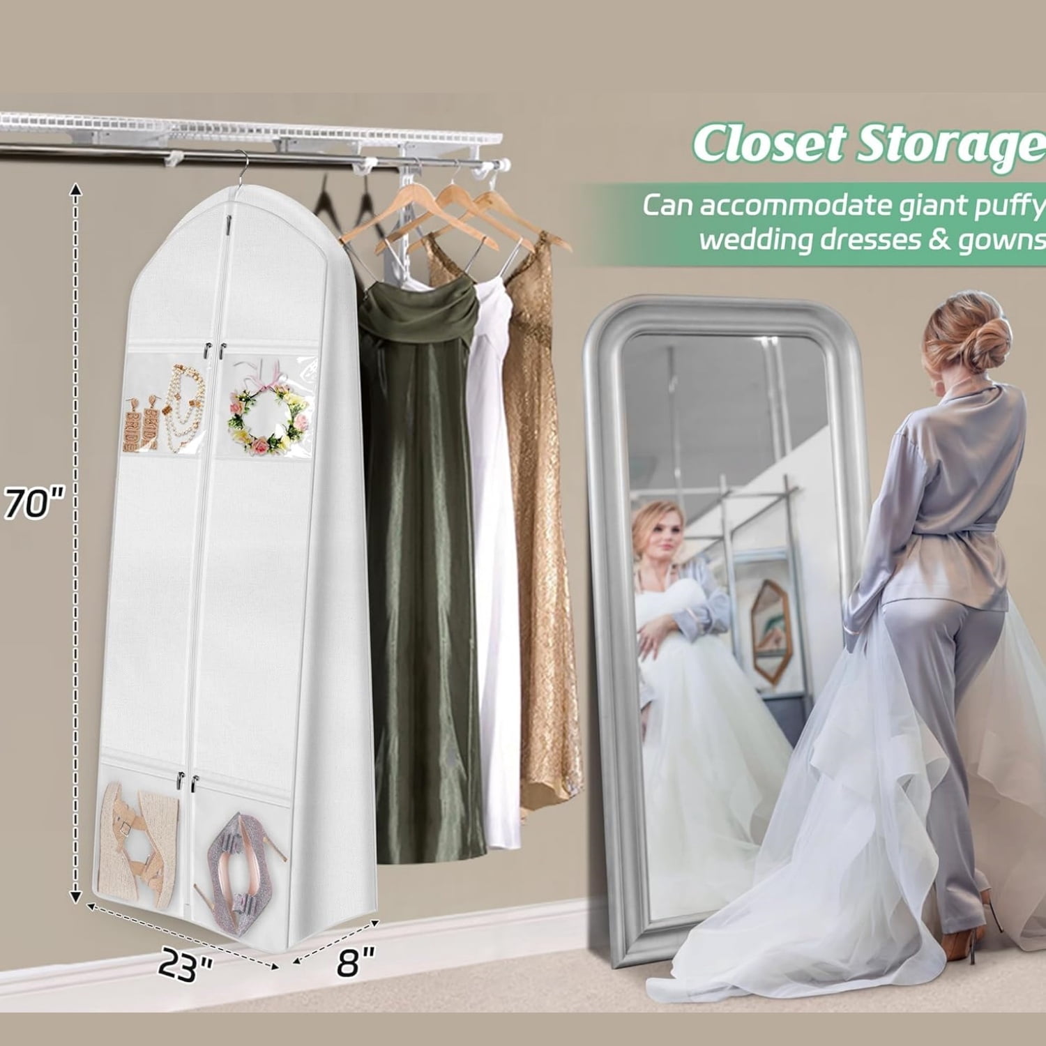 Wedding Dress Garment Bag,70 in Bridal Gown Dress Storage Bag with Tote Bag,4 Pockets Travel Garment Storage Bag for Prom,Evening Gowns,Hanging Clothes Storage Bag for Puffy Bridal Gowns Cover,White