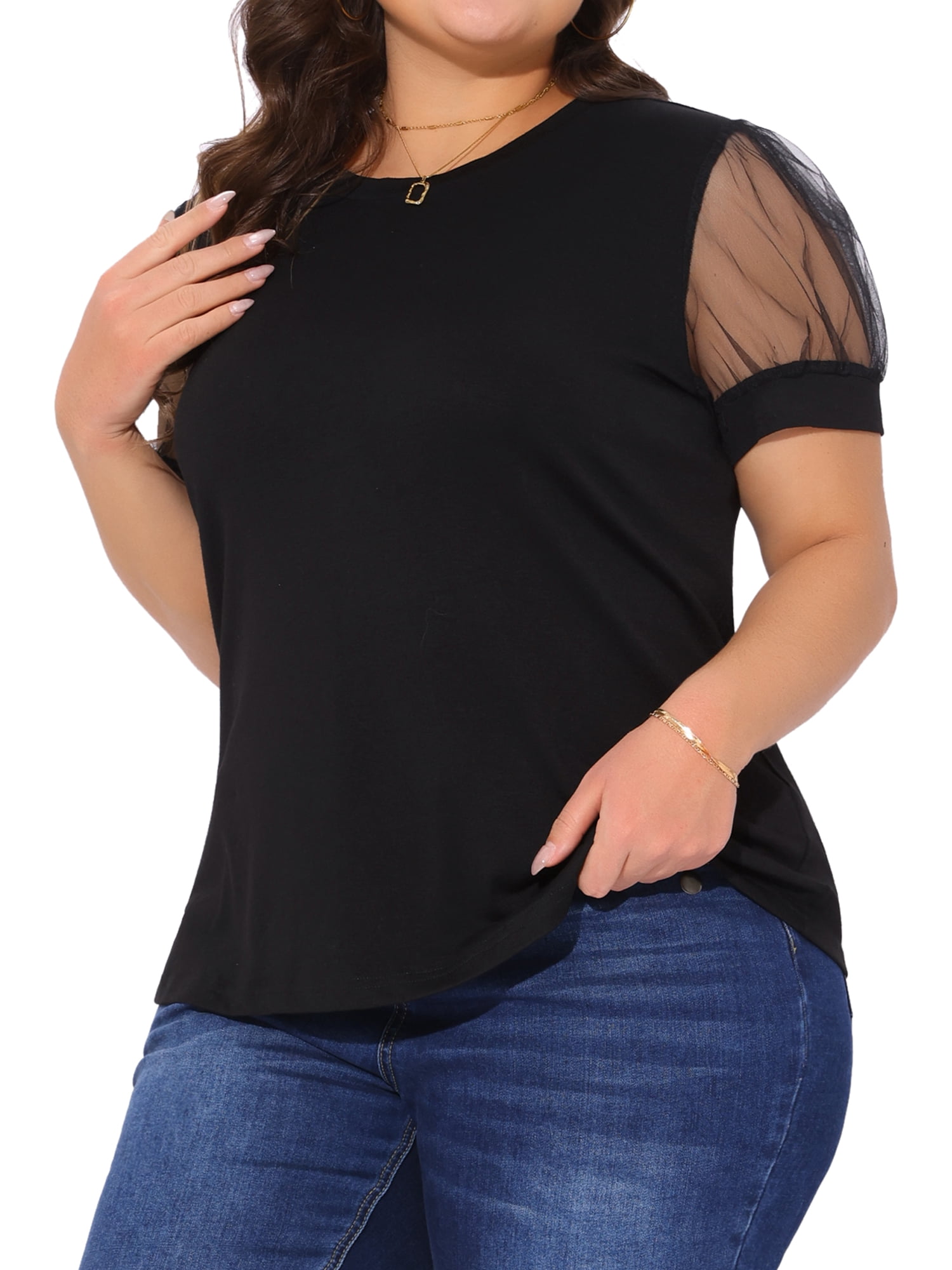 DARING DIVA Women's Plus Casual Crew Neck Mesh T Shirt Blouse Tops 2X Black