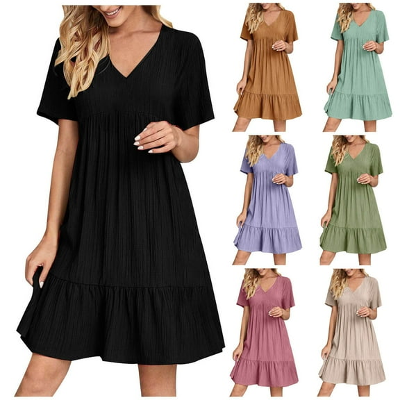 Purple Womens Dresses Summer Short Sleeve High Waist Midi Dress V Neck Solid Color Pleated Beach Vacation Long Dresses