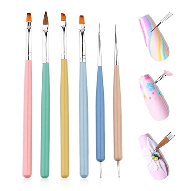 Juego de 6 pinceles para decoración de uñas, herramienta de diseño para uñas acrílicas, con pincel para gel, pincel para esmalte, pincel para tallar, pincel de línea artística y bolígrafo