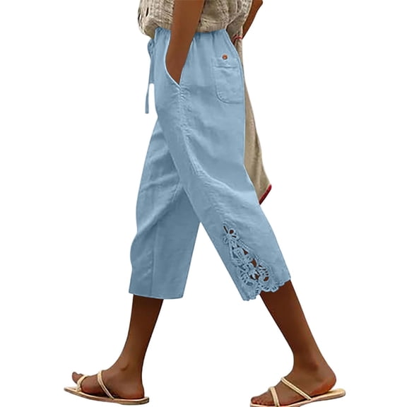 Women Capri Pants Side Hollow Out Lace Bottom Casual S-2XL Drawstring Waist Summer Capris with Pockets (XL, Light Blue)