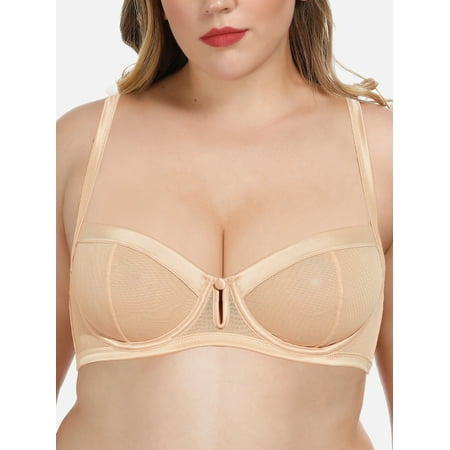 Deyllo Balconette Lace Bra Plus Size Non-Padded Underwired Support Unlined Mesh half Cup Demi See Through Bras Beige 38D