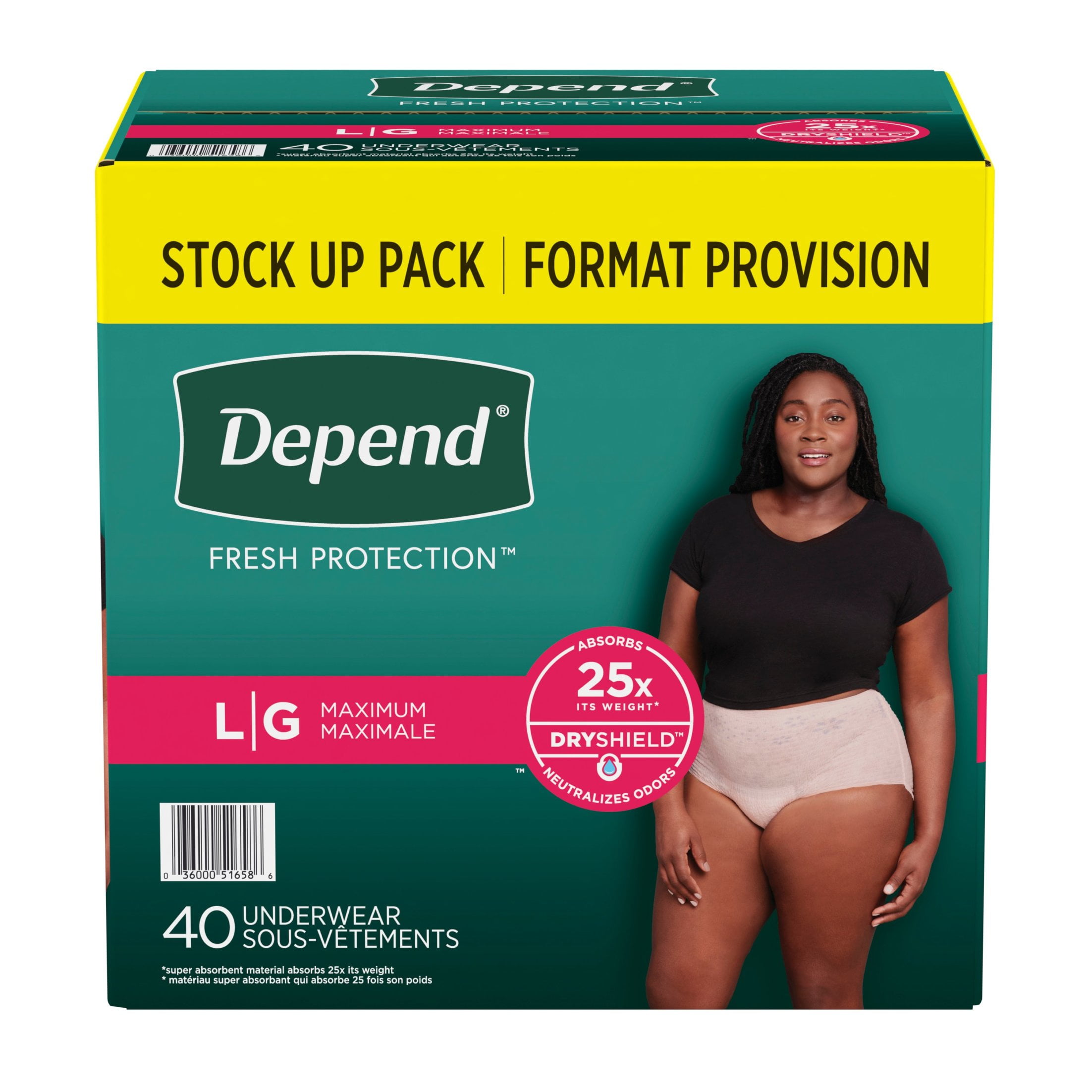 Depend Fresh Protection Incontinence Underwear for Women, Adult Diapers, L, 40 Count