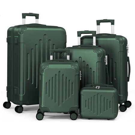 Luggage Set 5 Piece Suitcase Sets with TSA Lock Moulded Corner 4 Spinner Wheels, ABS Hardside Trolley Travel Case for Carry On Check-in Business Trip, Dark Green (12/16/20/24/28)