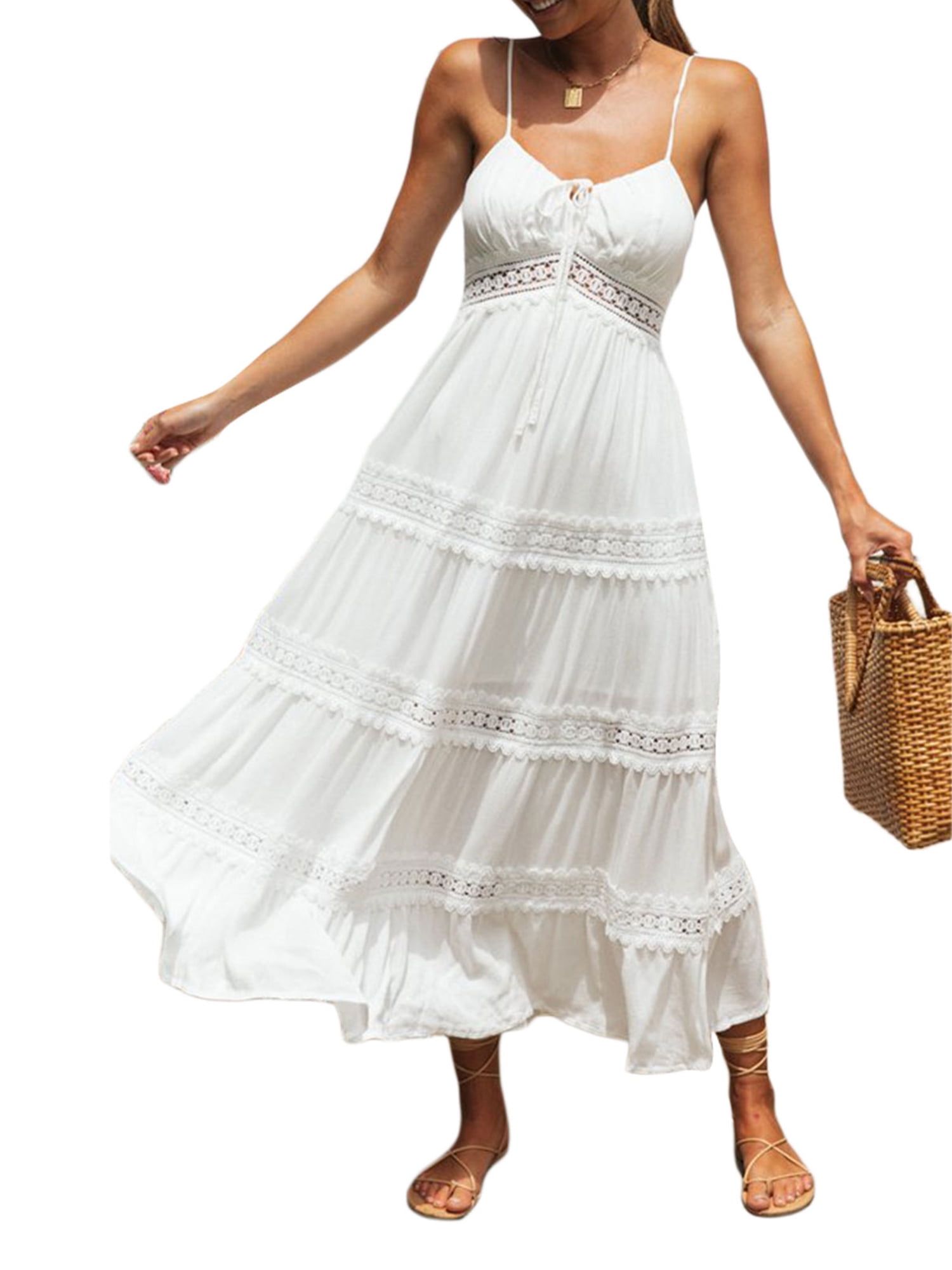 Womens Boho Beach Dress,Solid Summer Dresses Spaghetti Strap Sleeveless Hollow Out A line Swing Casual Sundress Beachwear 