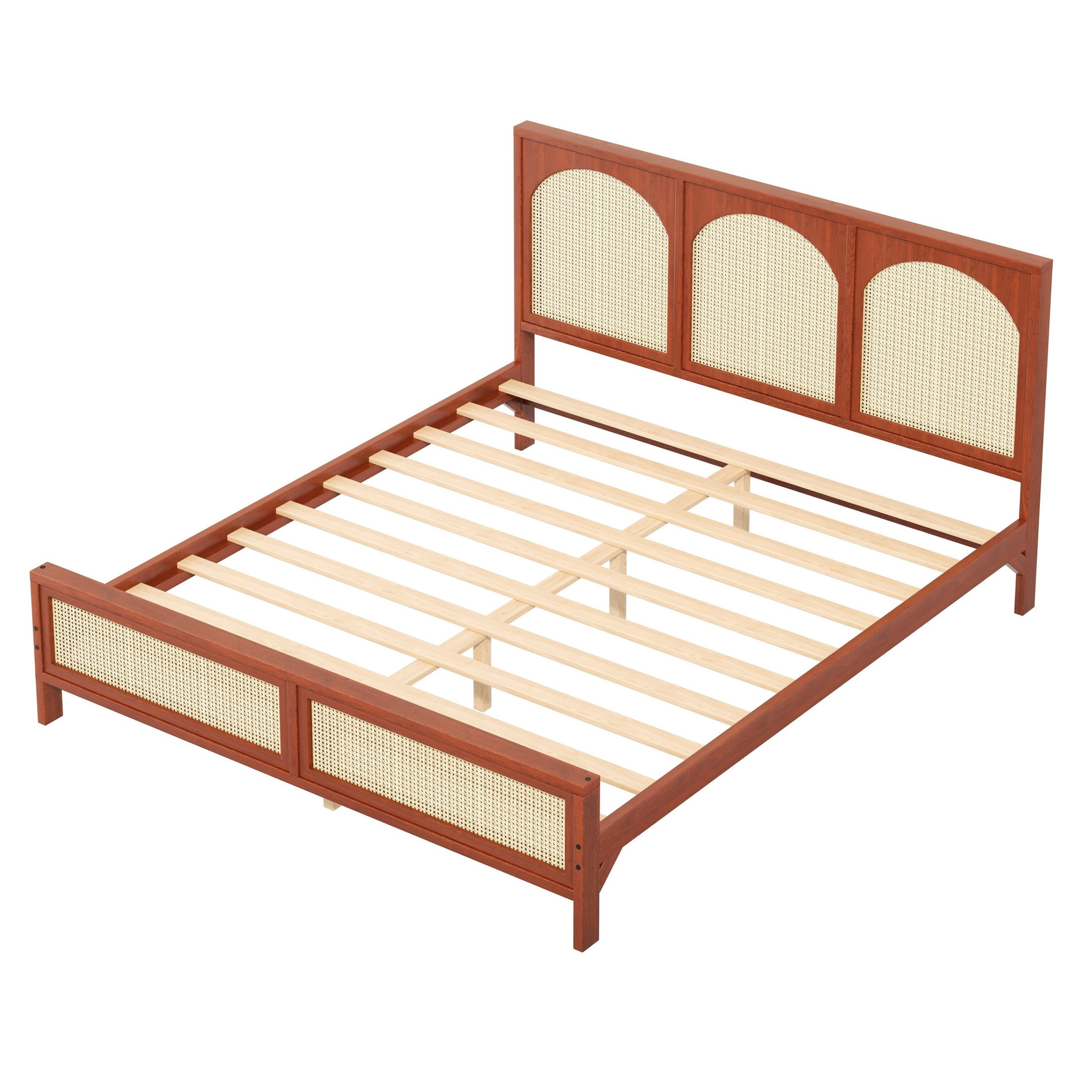 Alvantor King Size Wood Bed Frame with Rattan Headboard & Footboard, Walnut+Beige
