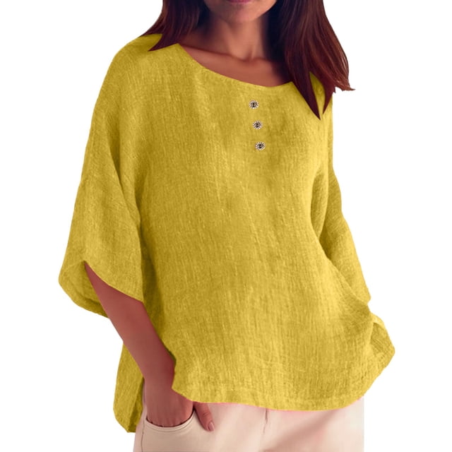 Hiiyo T-Shirt Décontracté Ample Uni pour Femme à Manches Mi-Longues, Col Ras du Cou, Tailles TG