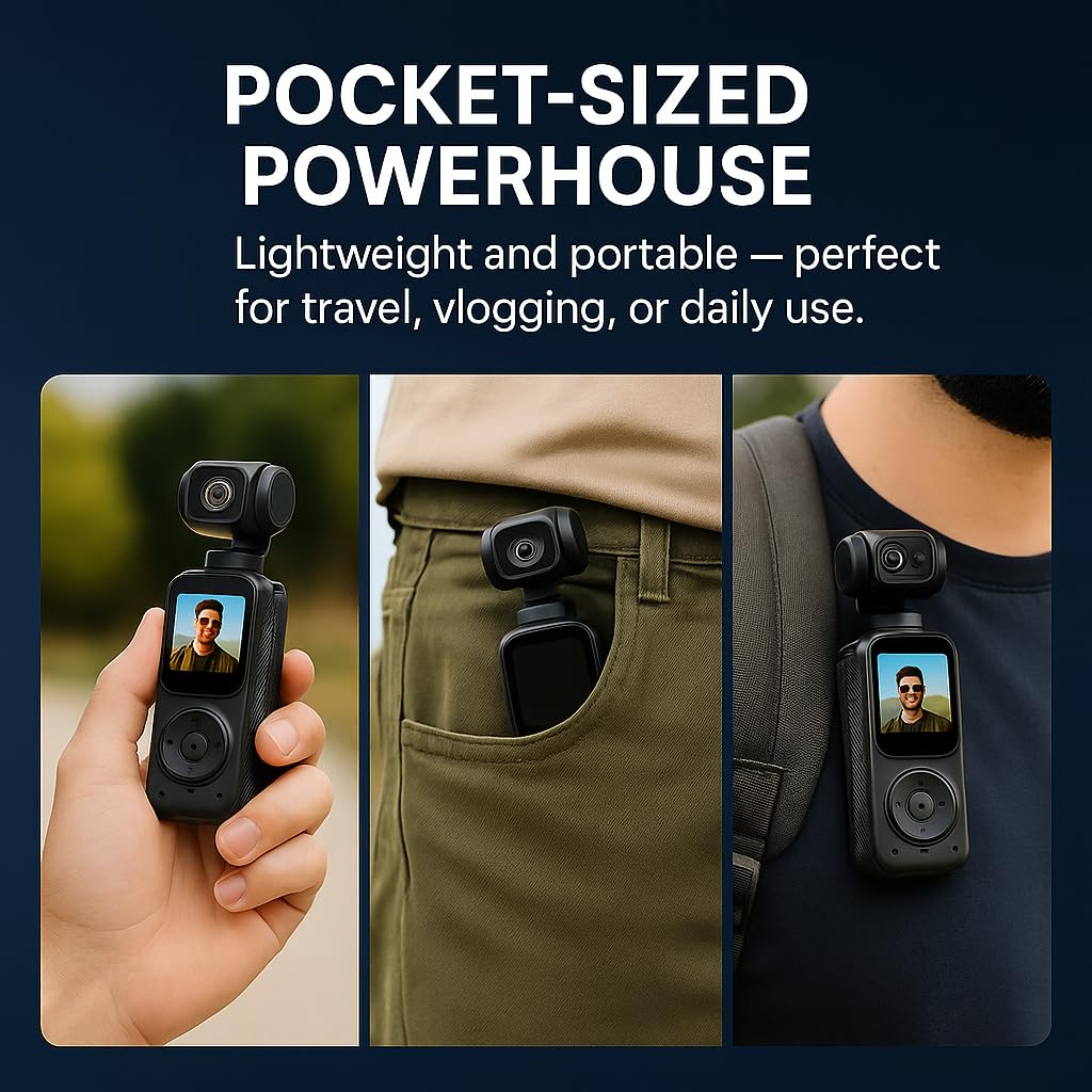 Acuvar 4K Dual Camera Pocket Camera With 3 Axis Gimbal Stabilizer, Vlogging Camera With WiFi, Face Tracking, 270° Rotation And 64GB Card