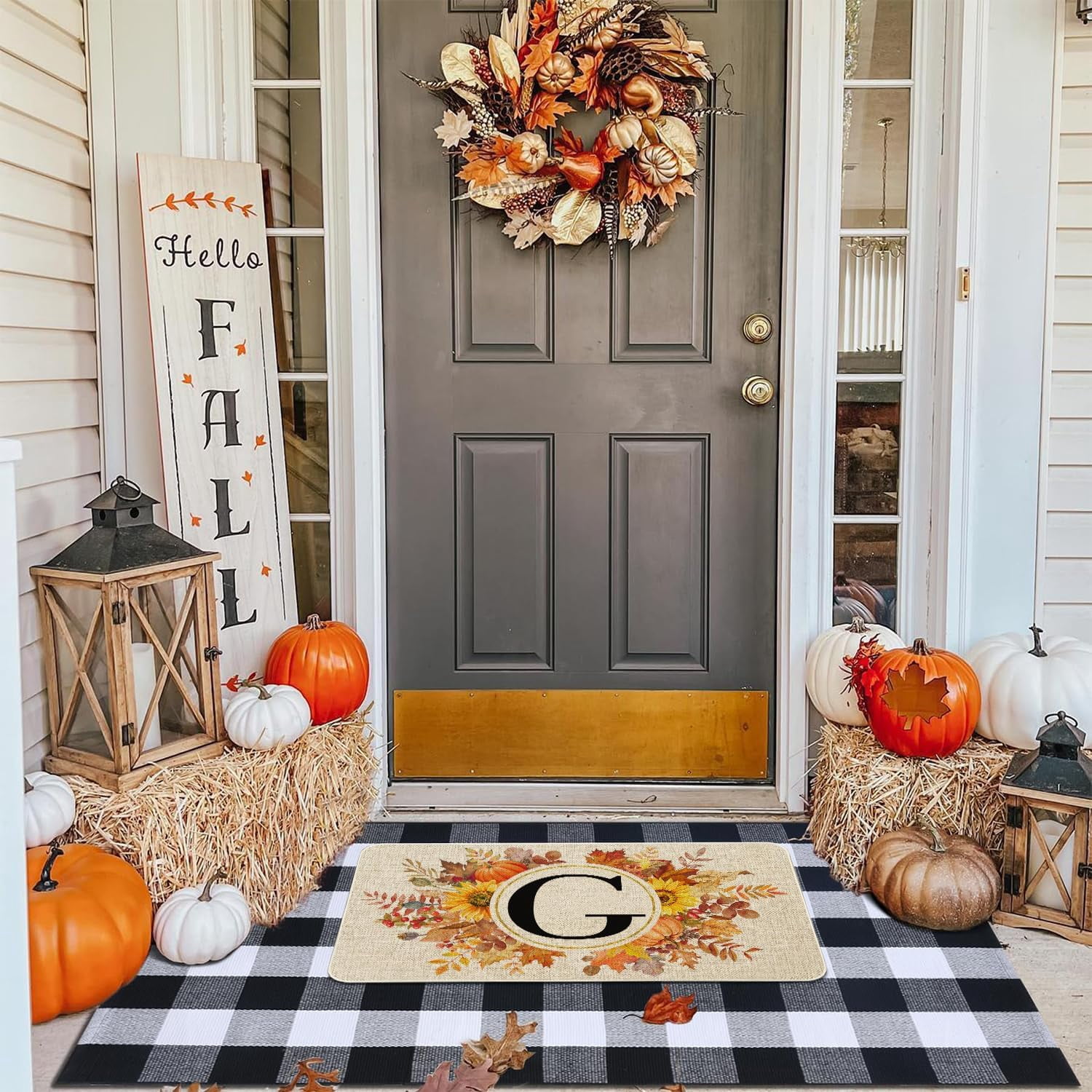 Fall Monogram Letter G Door Mat 30 X 17 Inch Family Last Name Initial Welcome Doormat Indoor Outdoor Entrance Floor Rug Non Slip Fall Autumn Thanksgiving Decor Rubber Mats