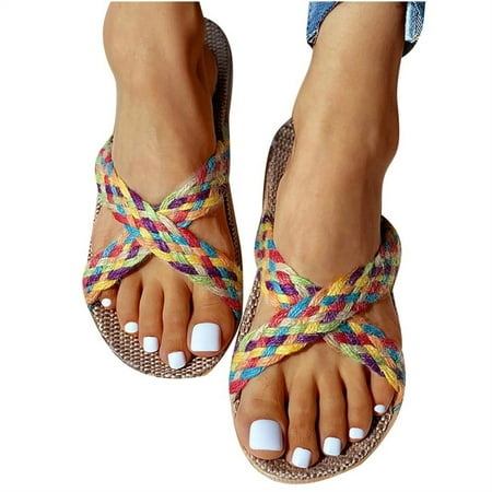 

SHENGXINY Large Size Flax Slippers For Women Men Cross Belt Summer Indoor Home Shoes Female Casual Slides Sandals Linen Flip Flop