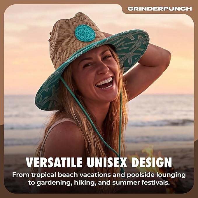 Grinderpunch Lifeguard Hat Mens Straw Sun Hat for Beach, Outdoor, and Travel | UPF 50+ Sun Protection | Wide Brim Straw Beach Hat | Classic Sun Hat for Men and Women ( Teal Starfish )