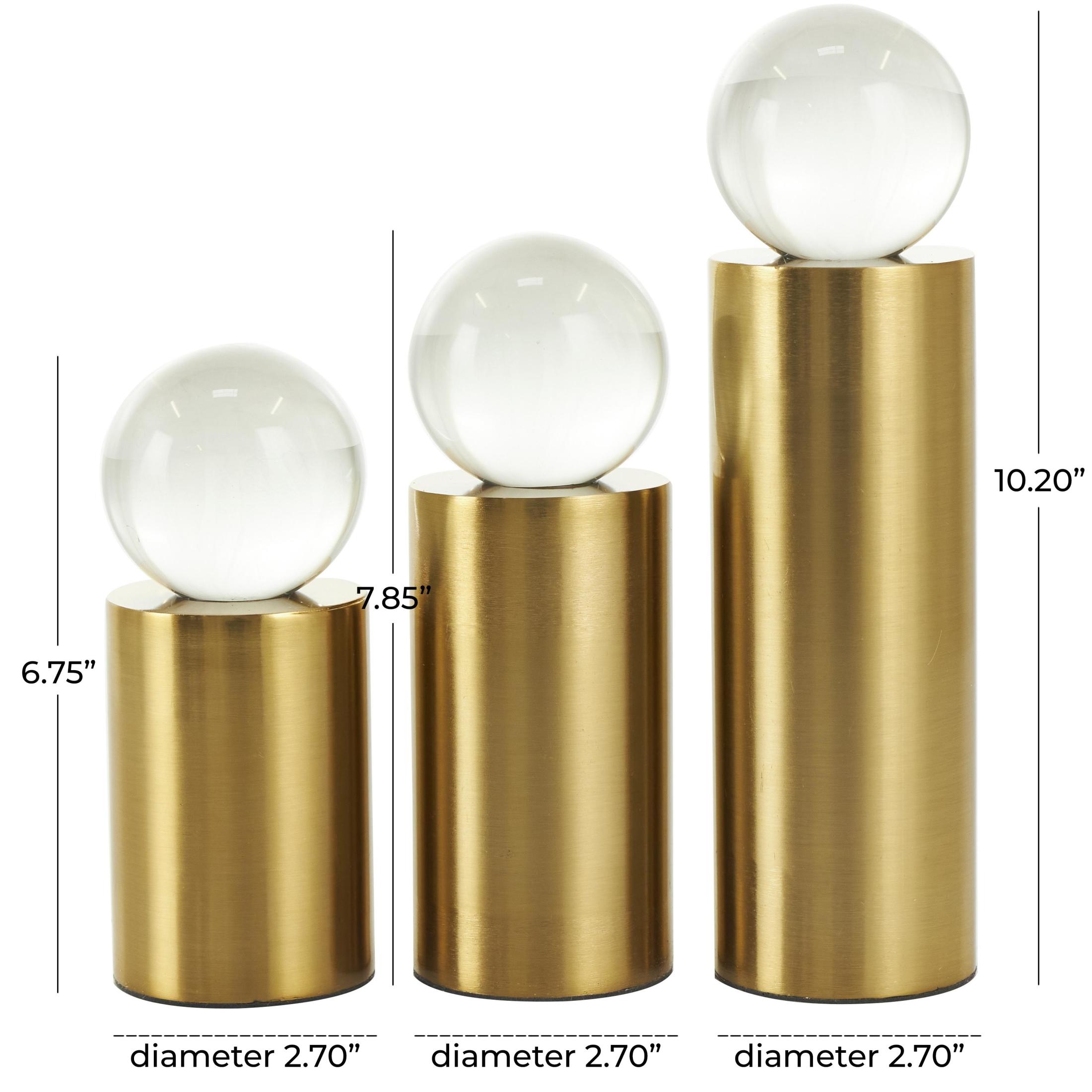 10", 8", 7"H Gold Metal Cylinder Post Geometric Sculpture with Clear Glass Orbs, by DecMode (3 Count)