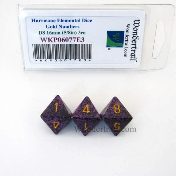 Hurricane Elemental Dice with Gold Numbers D8 16mm (5/8in) Pack of 3 Wondertrail