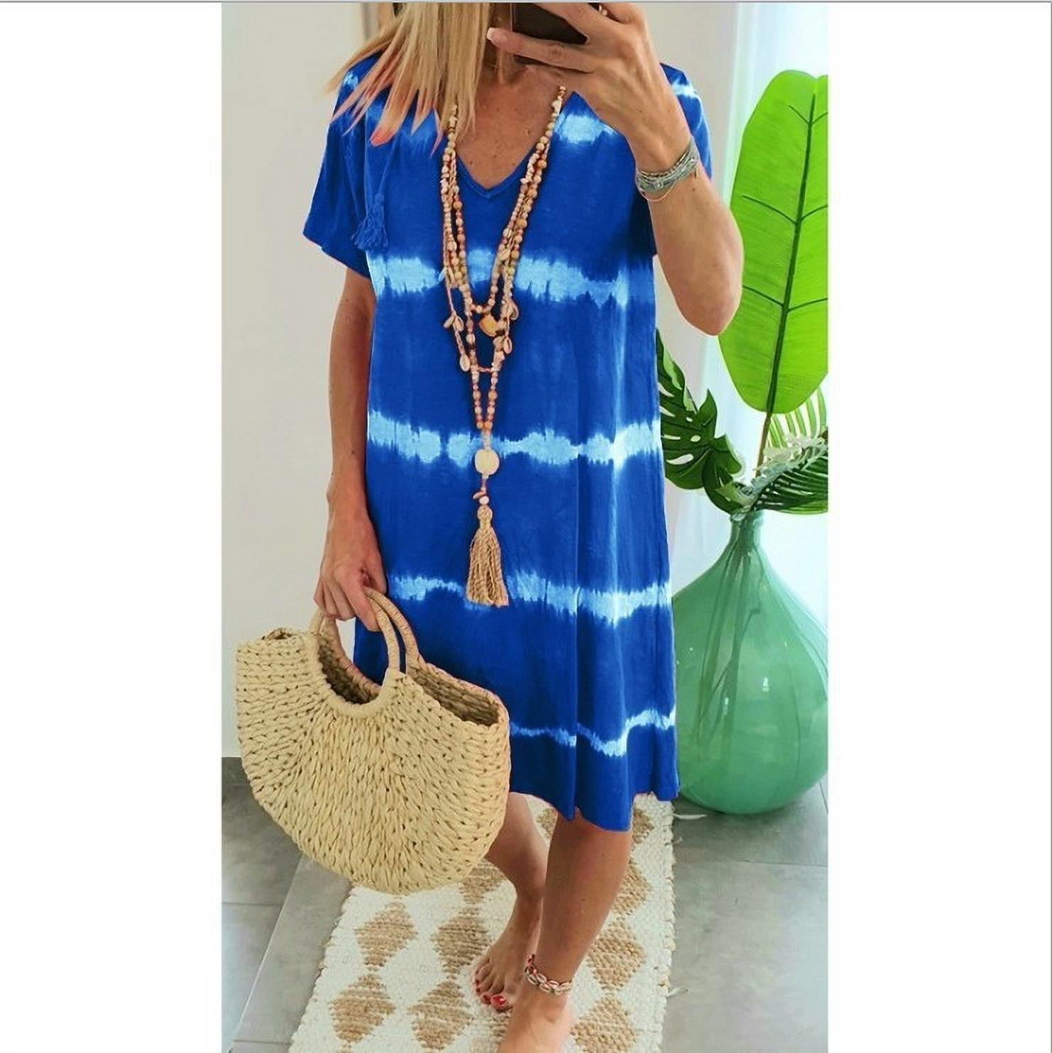 New Women's Casual V Neck Summer T Shirt Dress Loose Short Sleeve Tunic