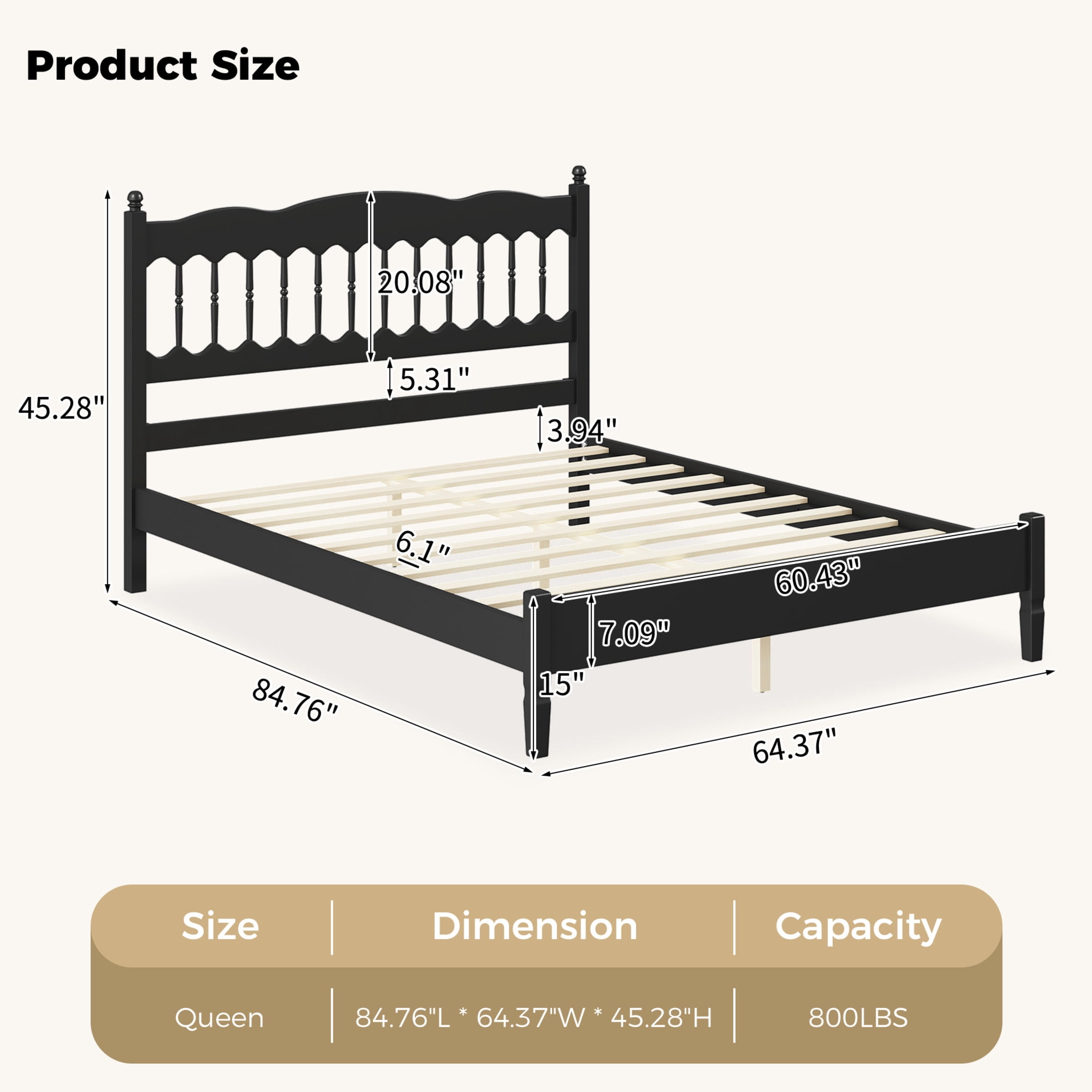 Noble House Onius Countryside Style Queen Size Wooden Bed Frame, Heavy-Duty Platform Bed with Center Support, Black