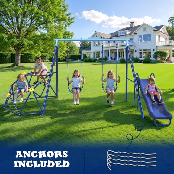 SMkidsport Metal Swing Set with Slide, 6ft Climbing Dome, 2 Belt Swings, for Kids, Ages 3-8, 500 lbs Capacity