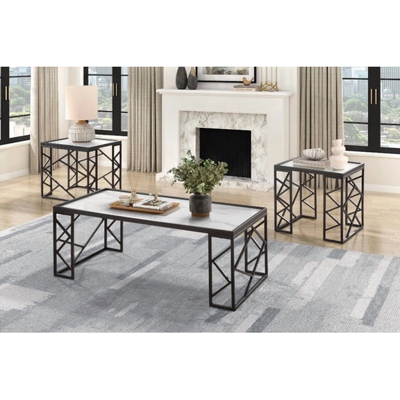 Modern Black Metal Frame 3pc Tables Set with Tempered Glass Top for Living Room Furniture