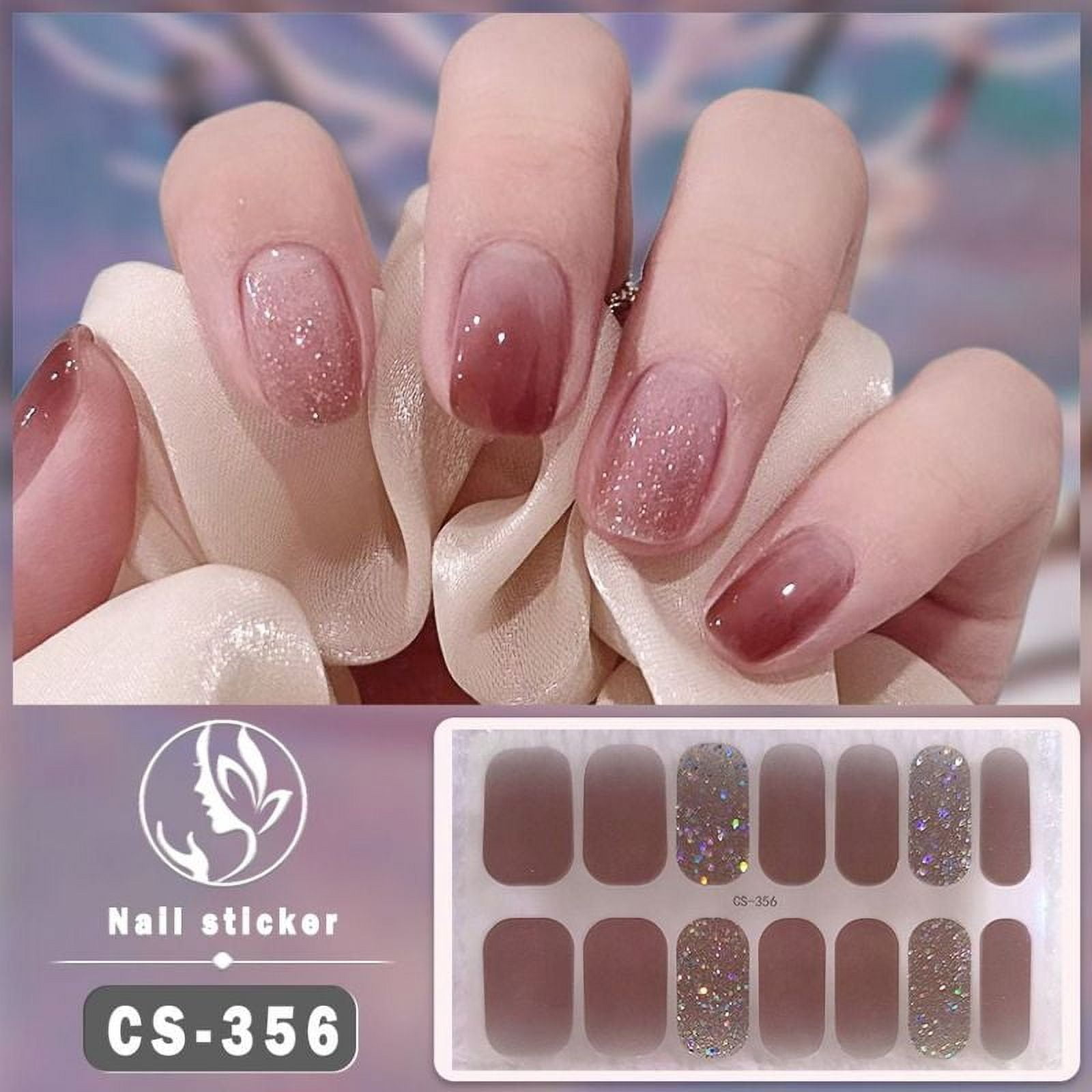 14Tips Semi Cured Gel Nail Stickers Foil Glittering Nail Art Stickers Self-Adhesive Simple Gel Full Nail Wraps