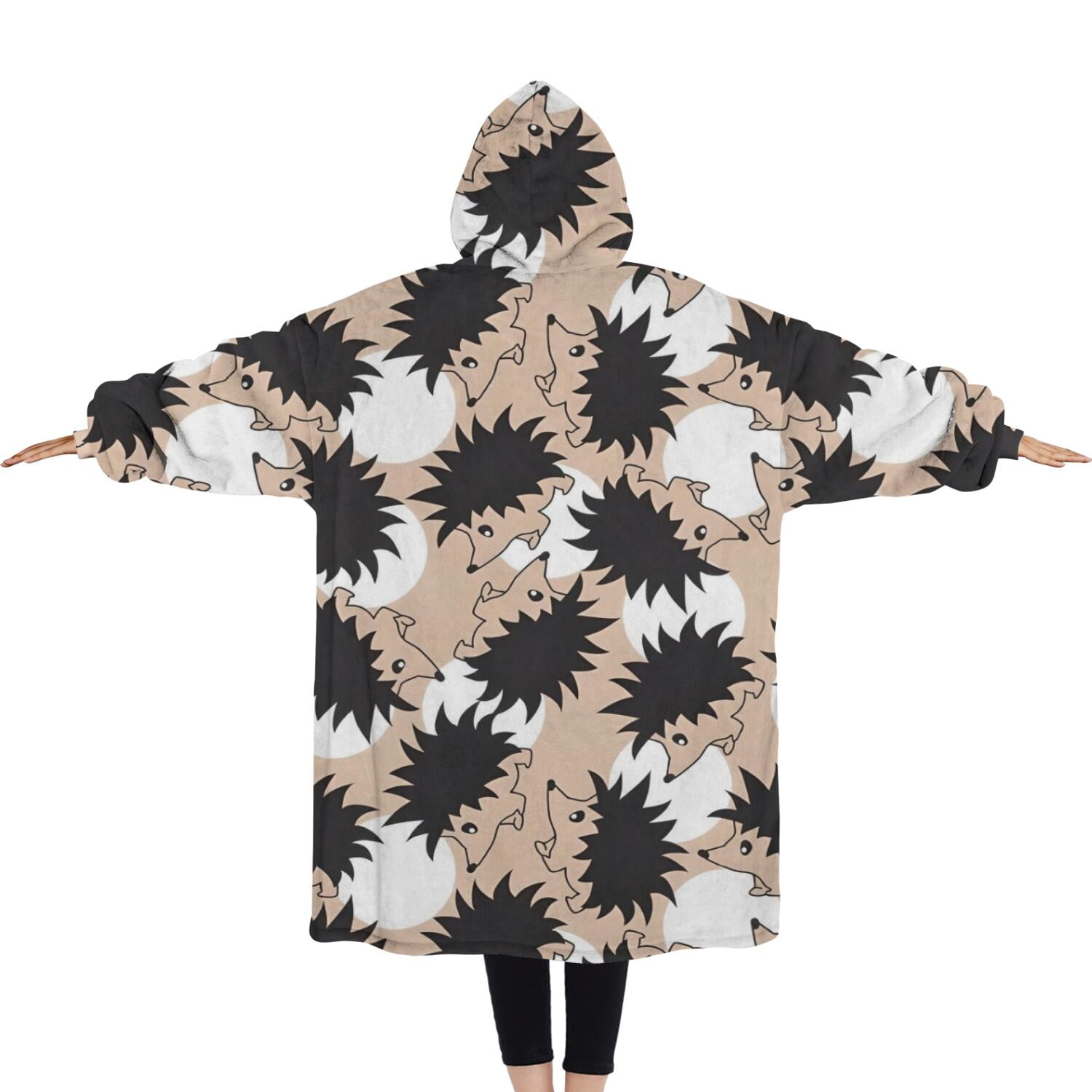 Oversized Wearable Blanket Hoodie,Black Cute Hedgehog Pattern Sherpa Blanket Hoodie with Super Pockets,Super Warm Fuzzy Pullover for Women & Men