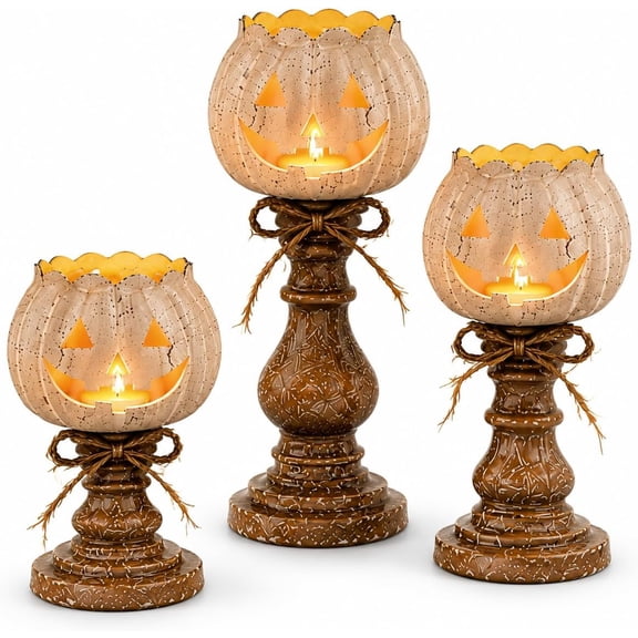 Rustic White Pumpkin Candle Holder Set | Set of 3 Rustic Tea Light Holders for Fall Centerpieces, Halloween, Thanksgiving & Harvest Home Decor