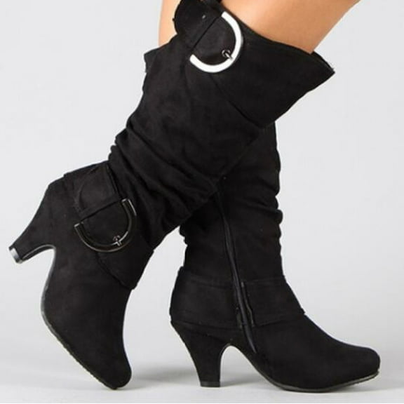 Shldybc Women's Mid-Calf Boots Ladies Winter Warm High Heel Straight Leather Belt Buckle Suede Thick Heel Knight Boots, Women's Mid-Calf Boots on Clearance