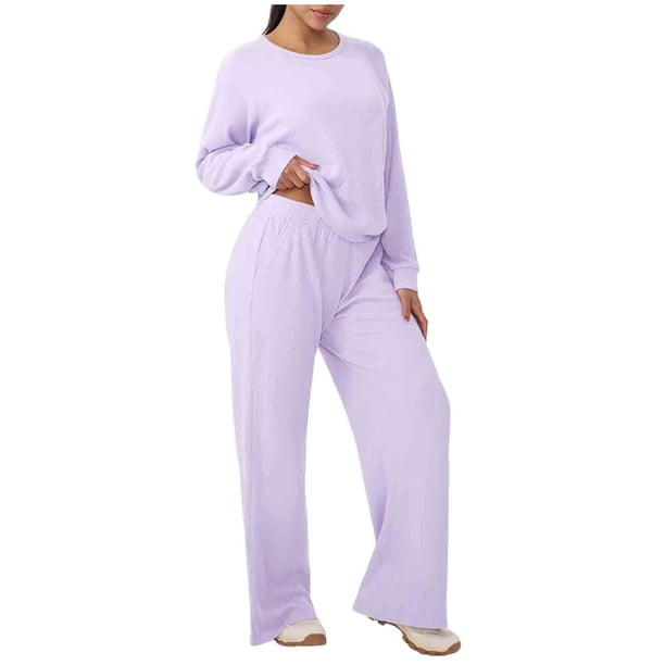 Conjunto de Pantalones Mujeres Outfits de 2 Piezas Vestido Casual de Color Sólido Bolsillo Deportivo Suelto Pantalones de Manga Larga Blusas de Cuello Redondo Conjunto Superior Conjunto de Pantalones