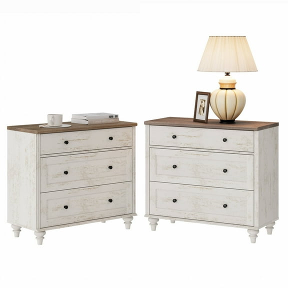 Farmhouse End Table with 3 Drawers, Set of 2 Large 3 Drawers Wood End Table, Wide Sofa Side End Table Chest of Dresser for Living Room, Bedroom, Rustic White, (2 PCS)