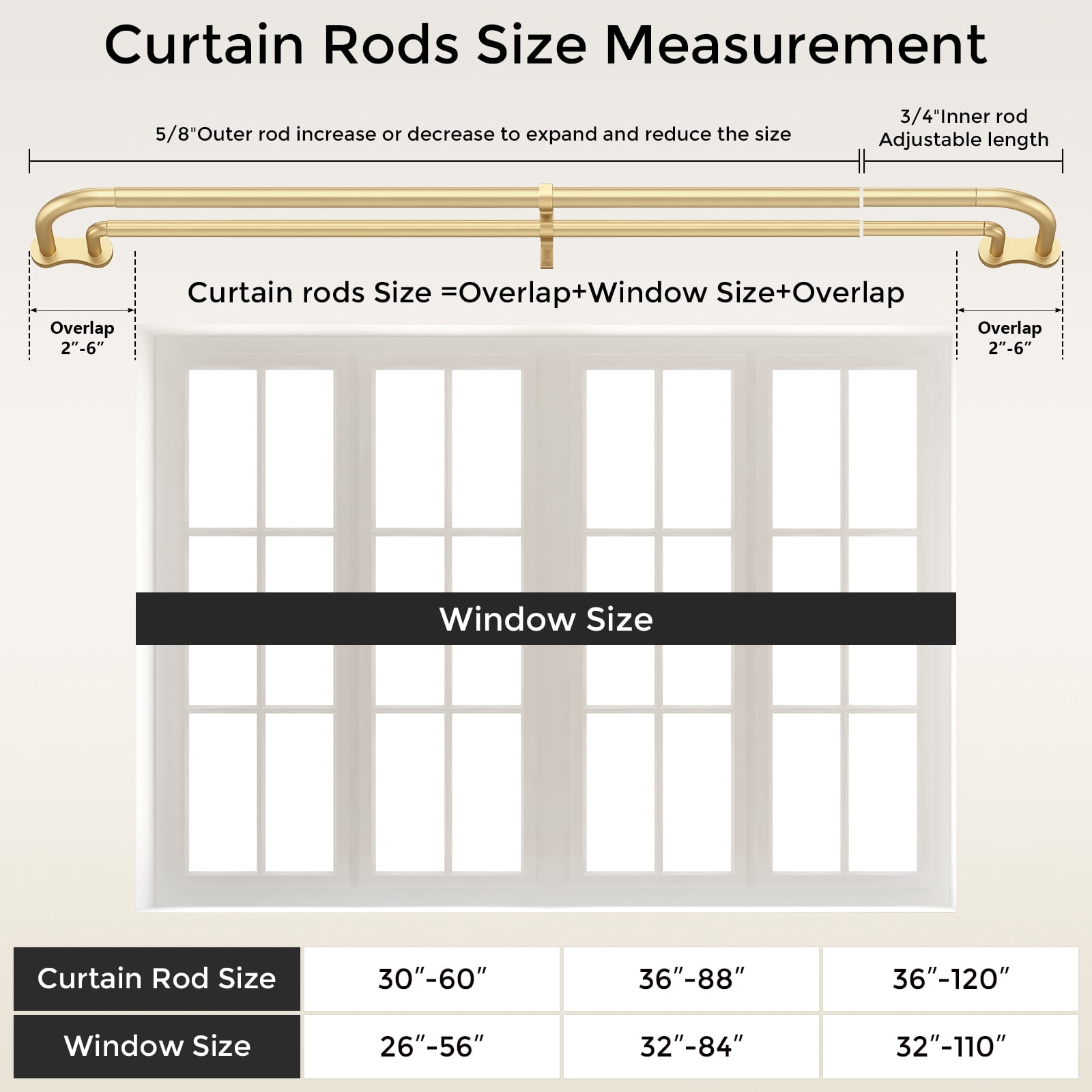 OLV Wrap Around Double Curtain Rods for Window,30-60 inch,Gold