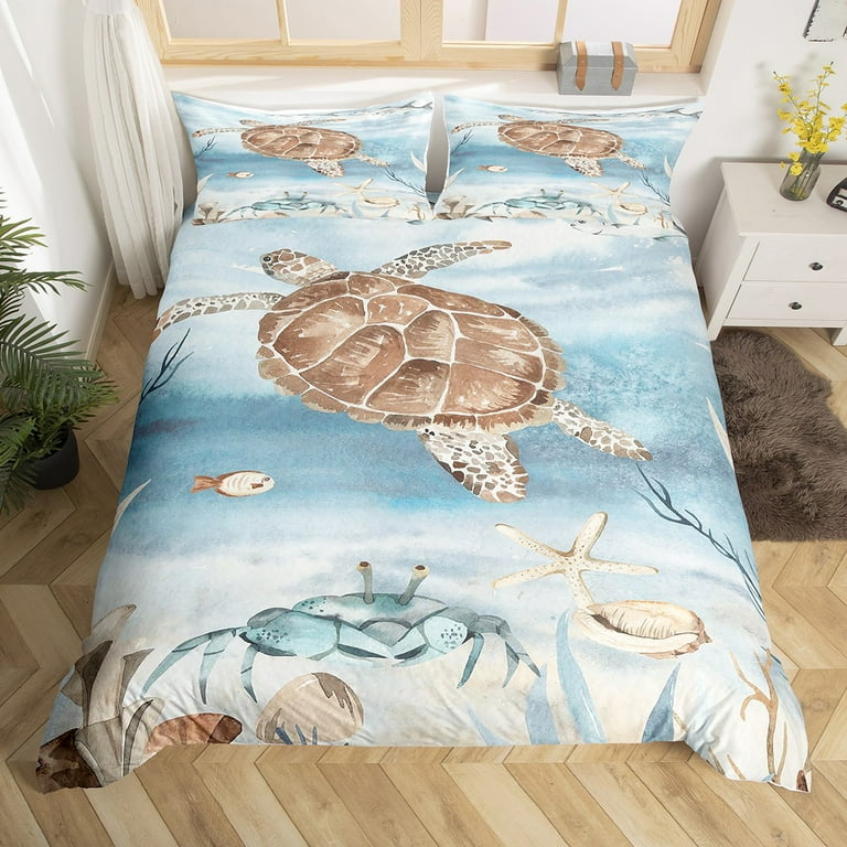 YST Ocean Themed Bed Set Sea Turtle Duvet Cover, Hawaiian Beach Bedding Set  Queen Teal Aqua Tortoise Comforter Cover, Coastal Starfish Coral Bed Cover  Aesthetic Room Decor 3pcs (No Comforter) 