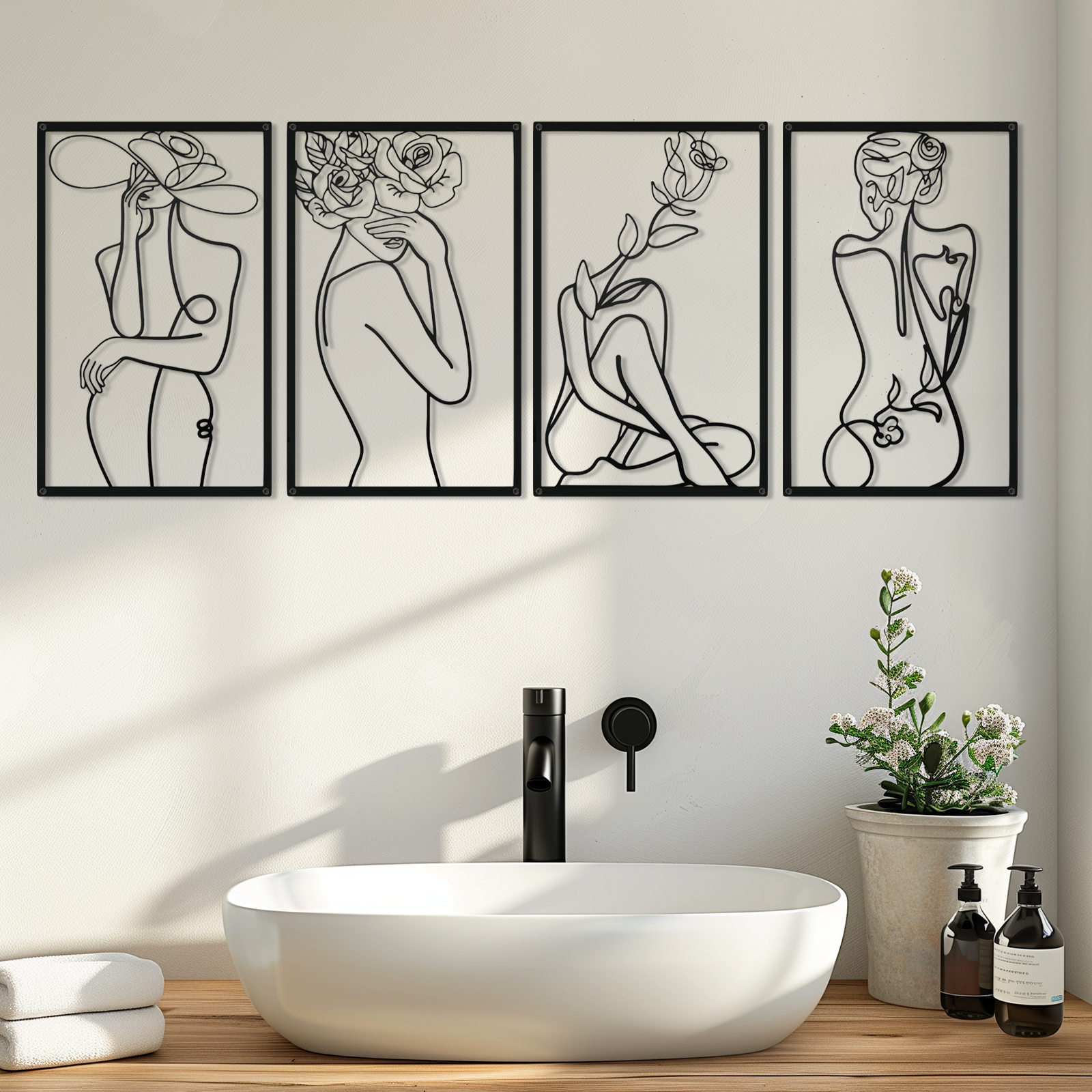 Wall Art Decor for Room Decor, 4 Piece Abstract Metal Wall Art, Female Black Wall Decor, Minimalist Flower Line Wall Hangings for Home Living Room Bedroom Bathroom
