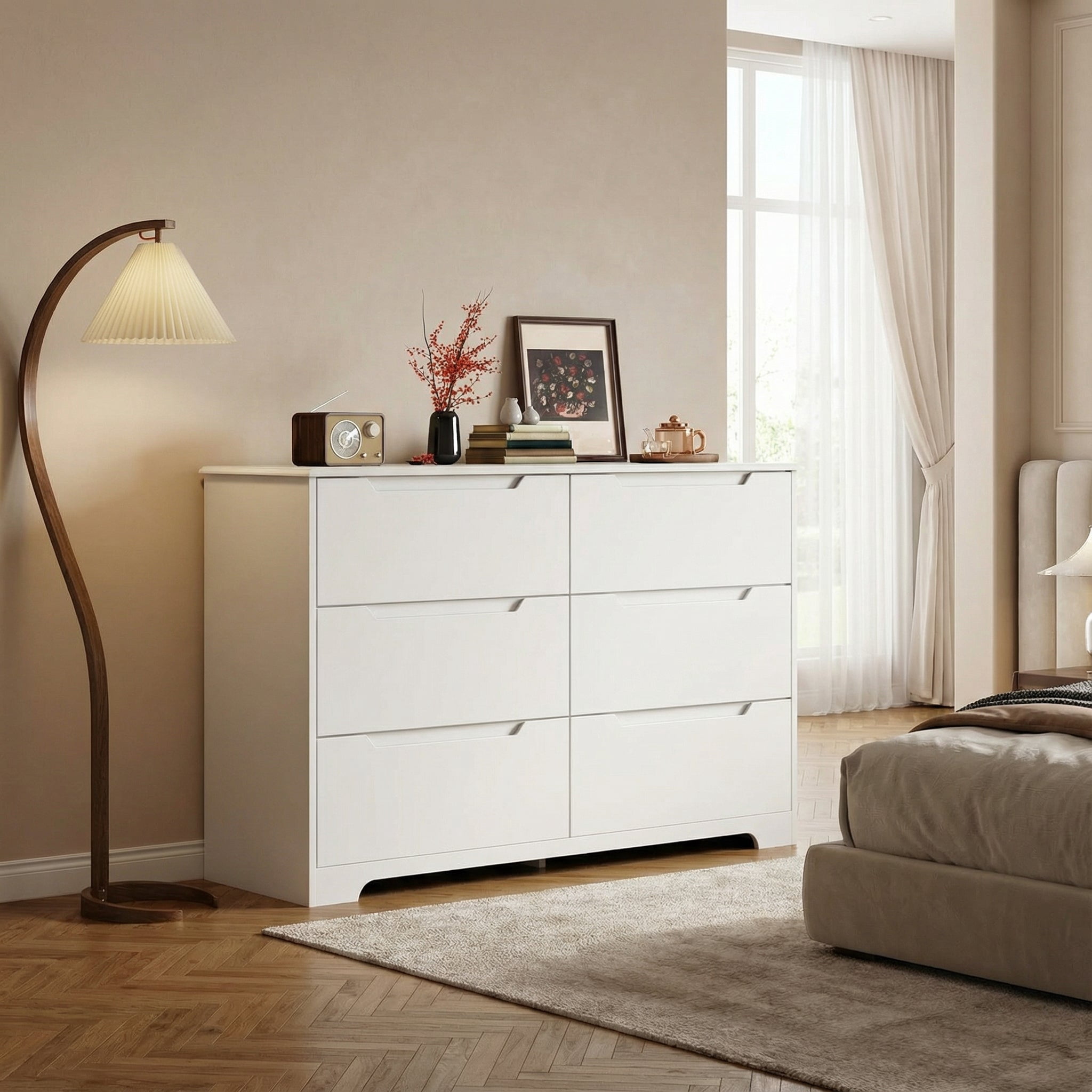 6 Drawer Double Dresser,&nbsp;Modern Wide Wooden&nbsp;Chest of Drawers with&nbsp;Cut-Out Handles,&nbsp;Anti-Tip Design,&nbsp;Closet Storage and TV Stand for Living Room, Hallway, White