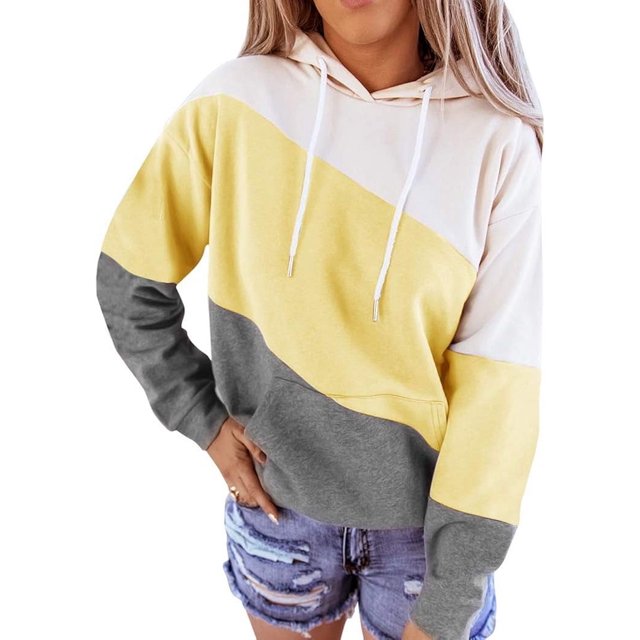 Sudadera con capucha de manga larga con bloques de color para mujer, bonita túnica holgada e informal con cordón