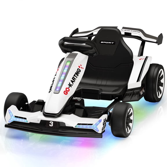 Wisairt 24V 10Ah Kids Electric Go Kart Drift Car, 360° Drift Ride on Toy with 800W Motors, 7.5 MPH, Adjustable Length, LED Lights, Drift Racing Kart for Big Kids 6-12 Years Old, 135 LBS, White