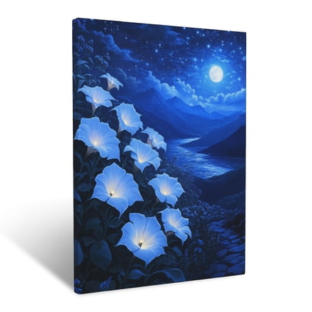 CozyNet Surreal Vision Of Moonflowers Glowing Softly In A Starlit Landscape Wall Art Prints With Frame Canvas Perfect for Living Room & Bedroom Ready to Hang Wall Decor 12 x16 in