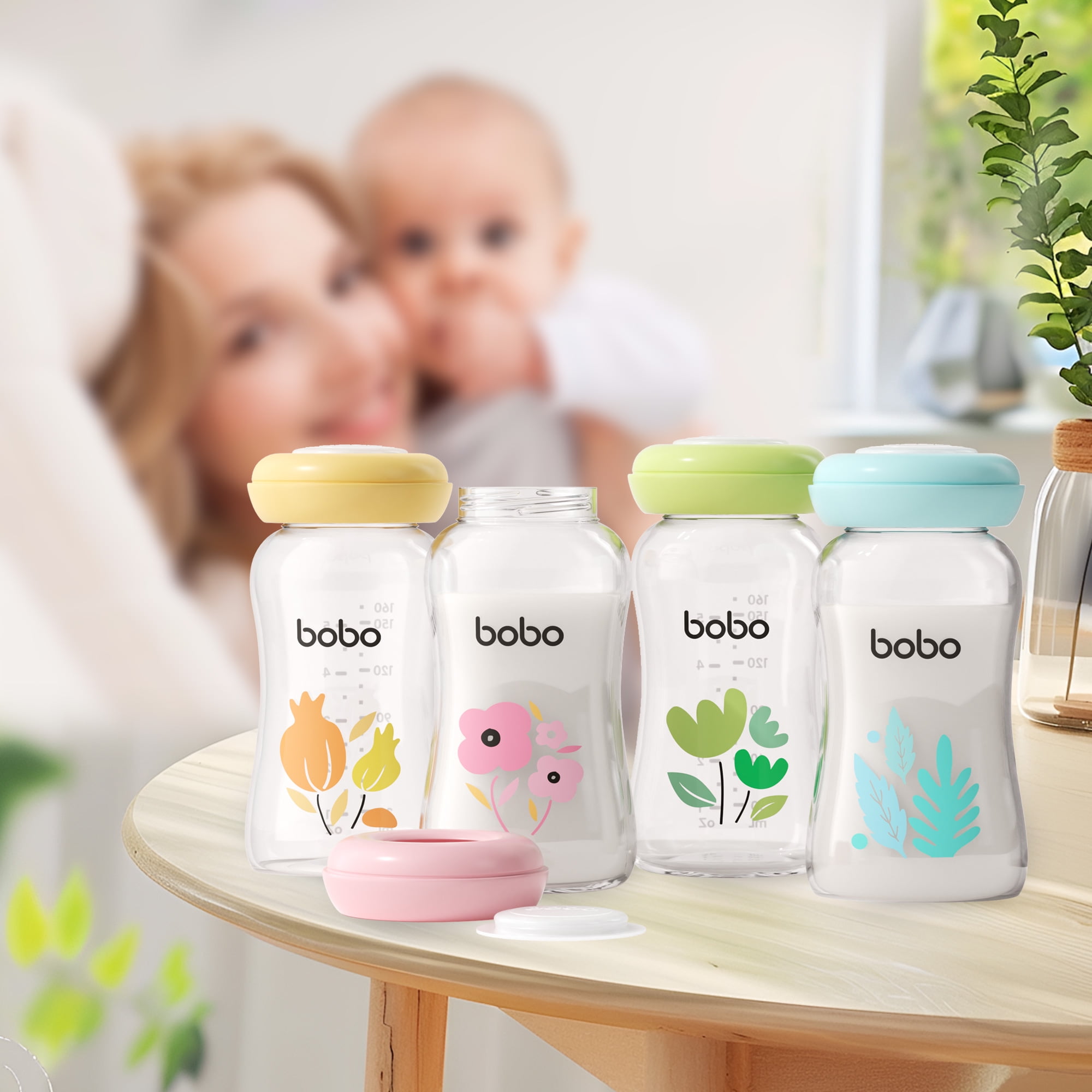 YOHKOH 5.4oz Glass Breast Milk Storage Bottles,Portable,BPA-Free,4Pk,Green
