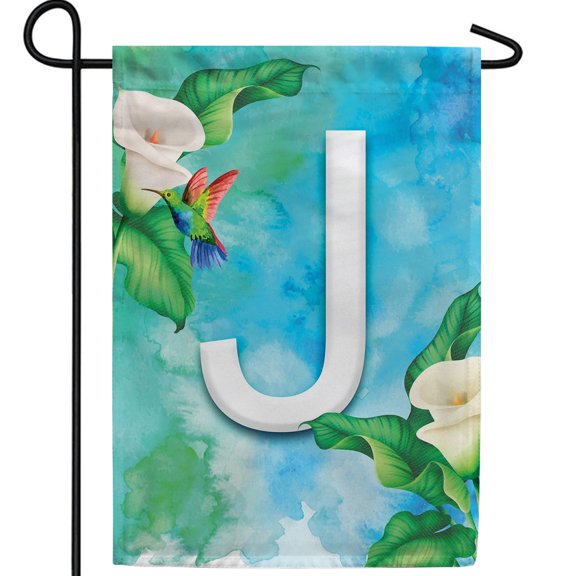 America Forever Summer Flowers Birds Monogram Garden Flag Letter J 12.5 x 18 inches Hummingbird Calla Lily Spring Double Sided Vertical Outdoor Yard Lawn Decorative White