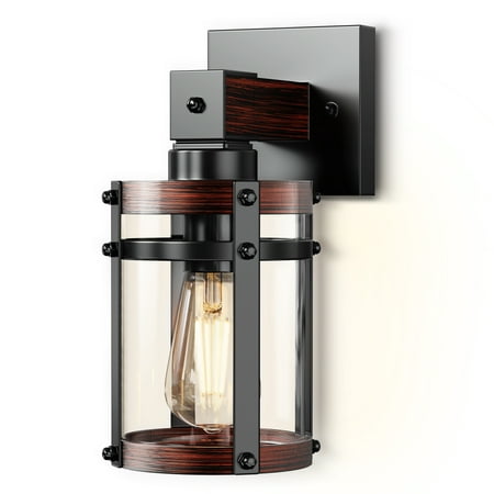 

Briignite 1-Light Mirror Wall Sconces Black and Wood Finish with Clear Glass Motion Sensing Dusk to Dawn Outdoor Wall Sconce for Bathroom Mirror Bedroom Hallway