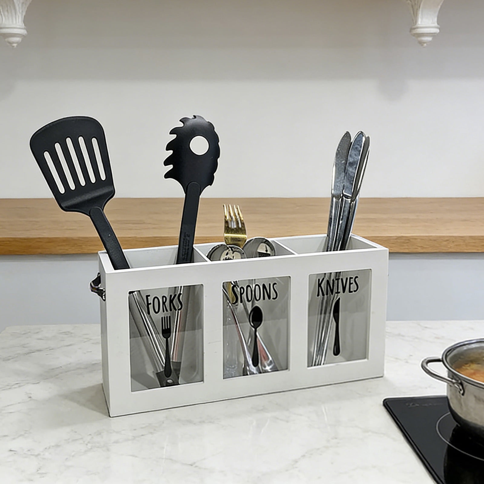 Kitchen Utensil Holder Spoons Knives Forks Organizer Decoration Wooden Utensil Crock Flatware Holder for Party Countertop