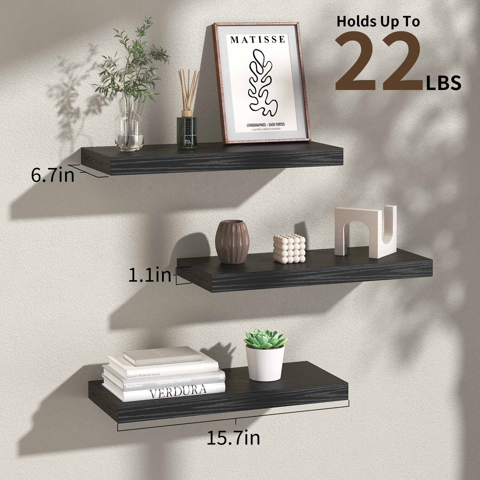 Ophanie 16 Inch Wood Floating Shelves, Black, Set of 3 photo 2