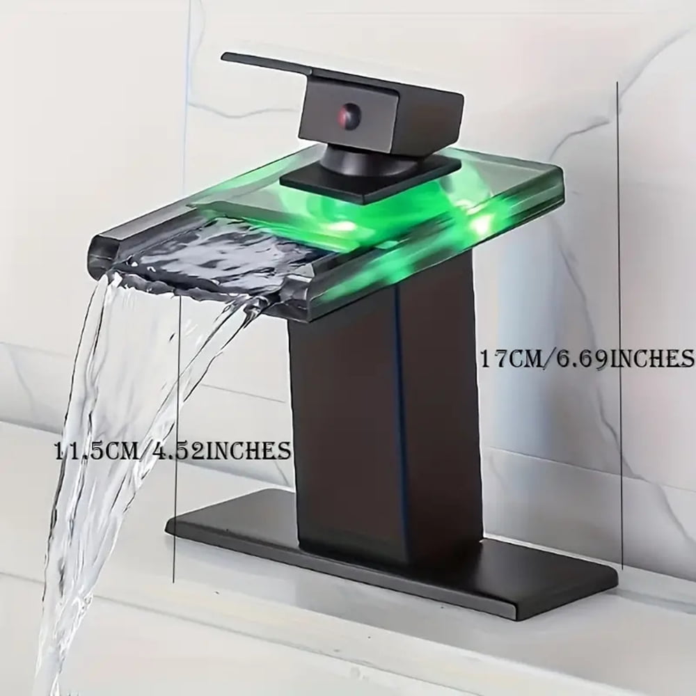Black Bathroom Basin Sink Faucet LED Single Handle 3 Holes Mixer Tap with Cover