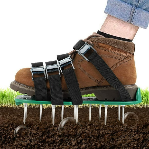 Garden Lawn Aerator Sandals with Straps - Aerating Shoes for Soil Loosening, Oxygenation, and Scarification - 30x13cm Green Garden Sandals, 26 Nails for Yard Care and Lawn Maintenance