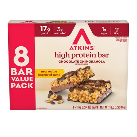 Atkins High Protein Bars, Chocolate Chip Granola Flavor, 17g Protein, 8 Count (Value Pack)