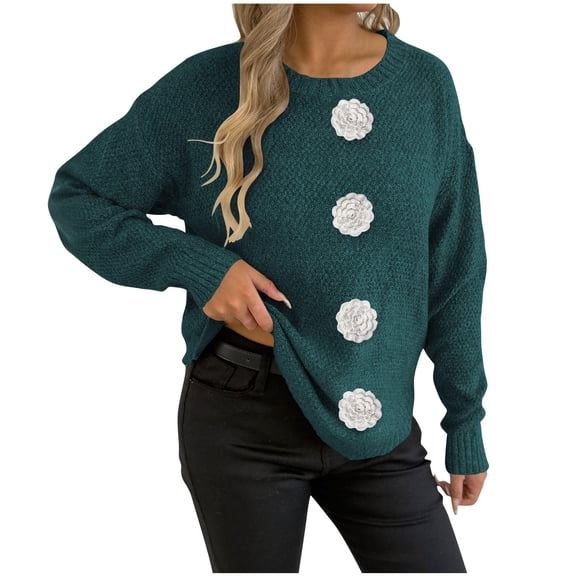 Floral Crew Neck Sweaters Womens Fall Chunky Knit Pullover Tops Loose Fashion Long Sleeve Ladies Sweater Green, M
