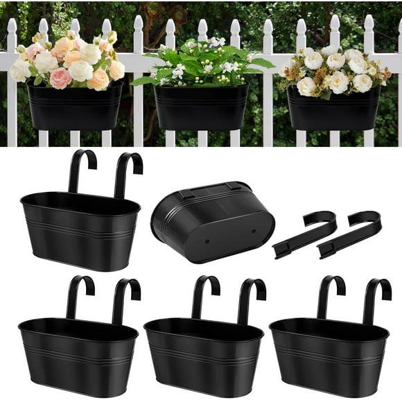 Metal Railing Planter for Outdoor Plants - 5 Pack Balcony Hanging Flower Pots with Detachable Hooks and Drain Holes Oval Bucket Rail Box Fence Planters for Home Garden Decor, Black