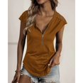 thumbnail image 4 of Mujer Cremallera Cuello En V Encaje Crochet Ojal Top Manga Corta Camisa Casual Transpirable Color Puro Caqui S, 4 of 6