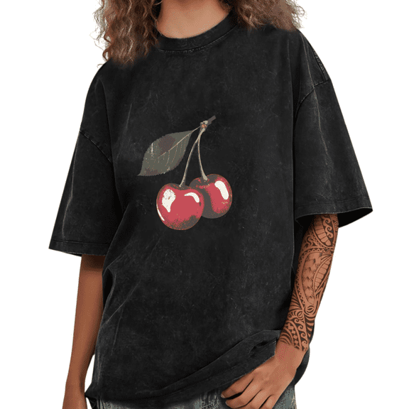Black Washed Print Tshirt Graphic Tees Cherry Cottagecore Style Summer Shirts S-2XL Tops