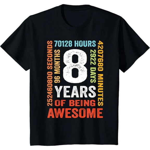 100% Cotton Kids 8th Birthday Graphic T-Shirt, Vintage 8 Years Old Design, Short Sleeve Crew Neck Casual Tee, Birthday Gift Shirt for Boys and Girls